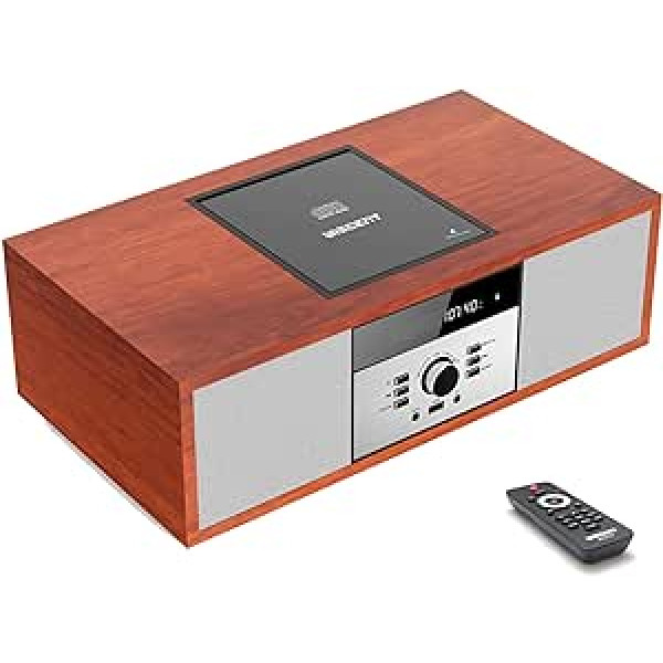 Compact Systems Nostalgic Bluetooth stereo sistēma mājām, WISCENT Vintage Micro HiFi sistēmas CD atskaņotājs, ar Bluetooth audio straumēšanu, FM radio, USB ports, papildu ieeja, austiņu ligzda