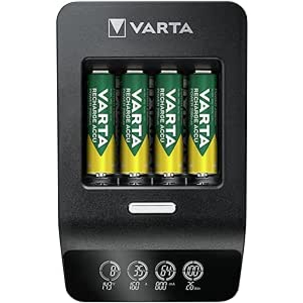 Varta Ultra Fast Charger + priekš AA / AAA, viena slota uzlāde, bojātu šūnu noteikšana, var izmantot visā pasaulē, t.sk. 4x RECHARGE ACCU Power AA 2100mAh