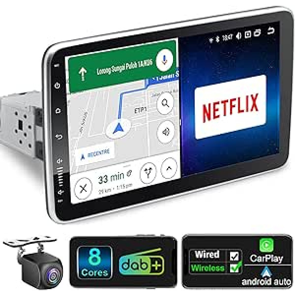 Android automašīnas radio ar navigācijas 9 collu ekrānu Iebūvēts DAB+ bezvadu Android auto un bezvadu CarPlay 1 DIN automašīnas radio skārienjutīgs displejs ar Bluetooth 8 kodolu 2G + 32G WiFi 4G GPS AM/FM RDS atpakaļgaita