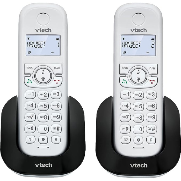 VTech CS1501 bezvadu DECT tālrunis ar divām klausulēm, zvanu bloķēšanu, zvanītāja ID/gaidošo zvanu, brīvroku zvanu, apgaismotu displeju un tastatūru