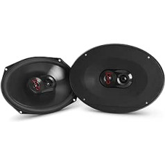 JBL Stage3 9637 trīsvirzienu automašīnas skaļruņu komplekts, ko izstrādājis Harman Kardon — 375 vatu automašīnas kastes — ovālas JBL kaste, liela, 6 x 9 collas (152 mm x 230 mm) melna