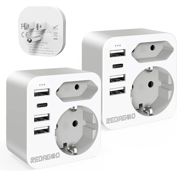 Redagod 2 pakešu adapteris ASV Vācija, spraudnis ar 3USB 1USB C (3.4A), ar 2 ligzdas adapteriem, 6 in-1 ASV adaptera ligzda, ceļojumu adaptera B tipa ligzdas adapteris Amerikai, Kanādai, Taizemei, Meksikai