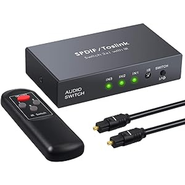 LiNKFOR SPDIF Toslink Switcher 3 in 1 Out Digital optiskā audio sistēma ar infrasarkano staru savienojumu ar PCM2.0 DTS Dolby-AC3 televizoram, PS3, PS4, Blu-ray atskaņotāju, Kabelbox, HDTV