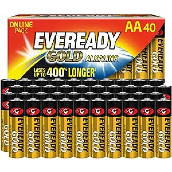 Eveready Gold AA bateriju komplekts, kurā ir 40 ilgstošas darbības sadzīves tehnikas sārma baterijas