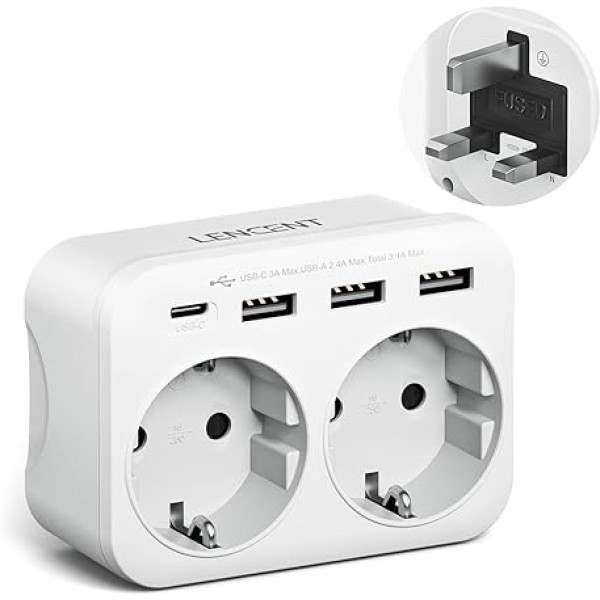 LENCENT ceļojumu adapteris Lielbritānijā, Vācijas spraudnis, G tipa ligzda, ceļojumu spraudnis ar 1 USB-C un 3 USB-A pieslēgvietām, dubultā EU Schuko uz Apvienoto Karalisti Anglijai, Apvienotajai Karalistei, Skotijai, Īrijai, Maldīvu salu ligzd