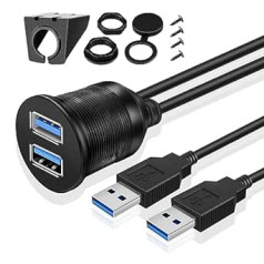 TNP USB Einbaubuchse Kabel - 1m, Kfz USB 3.0 Einbau Buchse Kabel, USB Verlängerungskabel, runder USB Armaturenbrett Kabel, 2X Stecker auf 2X Buchse Adapter für Auto, LKW, Boot, Motorrad, schwarz