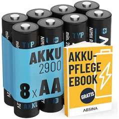 ABSINA AA uzlādējams akumulators, 2900, iepakojumā 8, NiMH AA akumulators ar 1,2 V un min. 2650 mAh, AA uzlādējamas baterijas ierīcēm ar lielu enerģijas patēriņu, AA akumulatori zibspuldzei, Wii un Xbox