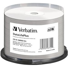 Verbatim CD-R AZO Wide Inkjet Printable 700 MB, 50er Pack Spindel, CD Rohlinge, 52-fache Brenngeschwindigkeit mit langer Lebensdauer, leere CDs bedruckbar, Audio CD Rohling