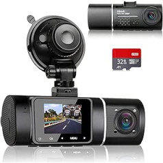 ABASK J05 Dash Cam Car Dual 1080P Infrasarkanā nakts redzamības paneļa kamera iekštelpās ar 32GB SD karti, 310° platleņķis, automašīnas kamera ar stāvvietas uzraudzību un kustības noteikšanu, G-sensors, cilpas ierakstīšana,