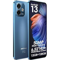 Ulefone Android 13 mobilais tālrunis bez līguma, Note 16 Pro, līdz 12 GB RAM + 128 GB ROM, 50 MP kamera, divu SIM kartu viedtālrunis, 6,52 collu HD+ ekrāns, 4400 mAh akumulators, pirkstu nospiedumu + sejas atbloķēšanas GPS zils