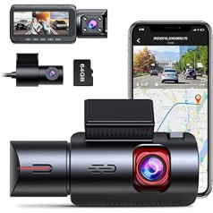 4K WiFi Dash Cam 3 objektīvs ar GPS reģistrētāju, automašīnas kamera priekšējā un aizmugurējā 1440P + 1080P + 1440P @ 30 kadri sekundē Dash Cam ar 64 GB U3 SD karti, IR nakts redzamība, Dual Dash kameras cilpas ierakstīšana, G sensors, 24/7