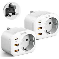 LENCENT 2 x ceļojumu adaptera strāvas adapteris AK adapteris Anglijas Vācijas spraudnis, ar 2 USB QC3.0 + 1 tipa C PD pieslēgvietu, G tipa ceļojumu kontaktdakšas strāvas adapteris Apvienotās Karalistes Īrijas ligzdai