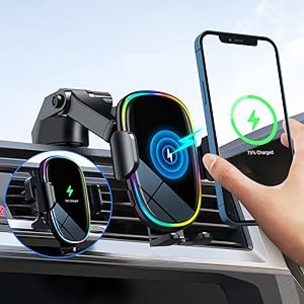 SOARUN mobilā tālruņa turētājs automašīna ar uzlādes funkciju, 15 W bezvadu lādētājs mobilā tālruņa turētājs automašīnas ventilācija + piesūceknis induktīvās uzlādes stacija iPhone 12/13/14 Pro Max Plus Mini/Samsung