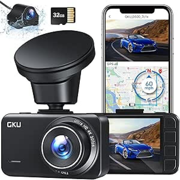 GKU Dash Cam automašīnas priekšējā aizmugurējā 4K + 2,5 K GPS WiFi paneļa kamera ar 32 GB SD karti, 24 stundu stāvvietas novērošana, dubultā automašīnas kamera ar 170° platleņķi, cilpas ieraksti, G sensors, uzlabota nakts redzamība D