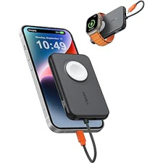 VEGER Mini Power Bank 20 W PD, 5000 mAh Power Bank ar iebūvētu Apple kabeli, ar Apple Watch uzlādi, 1 x USB-C, ārējā mobilā tālruņa akumulatora LED displejs, kas ir savietojams ar iPhone, Apple Watch (8-1),