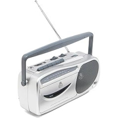 GPO W 9401 Retro Tragbares AM/UKW Radio — Kassettenrekorder mit Kopfhörer- und Mikrofonanschluss, Silber