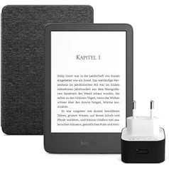 Amazon Essentials Bundle mit einem Kindle (Schwarz) - 16GB, mit Werbung,einer Amazon-Hülle aus Stoff und einem Amazon Powerfast Ladegerät