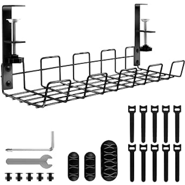 Kabelmanagement-Tablett unter dem Schreibtisch, ohne Bohren, Metalldraht-Aufbewahrungskorb, Kabeldrahthalterablage mit Klemme und Kabelbindern, Draht-Organizer-Kit für Zuhause, Büro – Schwarz