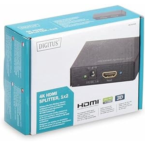 DIGITUS DS-46304, 2 portu HDMI sadalītājs, 1 x 2 — Ultra HD, 4K, 30 Hz — HDCP 1.3 — 3D video formāts — melns