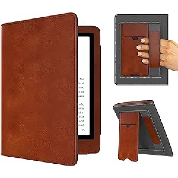 MyGadget mākslīgās ādas futrālis Amazon Kindle Paperwhite 11. paaudzei (no 2021. gada — 6,8 collas) ar rokas siksnas un statīva funkciju — pārvelkams futrālis vintage brūnā krāsā