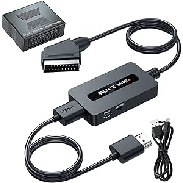 Scart-HDMI pārveidotājs ar Scart sievišķās-sieviešu adapteri + Scart kabelis + HDMI kabelis, atbalsta 4:3 un 16:9 HDMI izvades slēdzi priekš N64/Wii/PS2/Xbox/DVD/STB, Scart uz HDMI