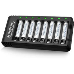 POWEROWL akumulatora lādētājs ar AAA akumulatoru 1000 mAh Iepakojumā 8 AA akumulatoru lādētājs 8 sloti Micro USB savienojums Universāls akumulatora lādētājs NI-MH NI-CD AA AAA uzlādējamām baterijām