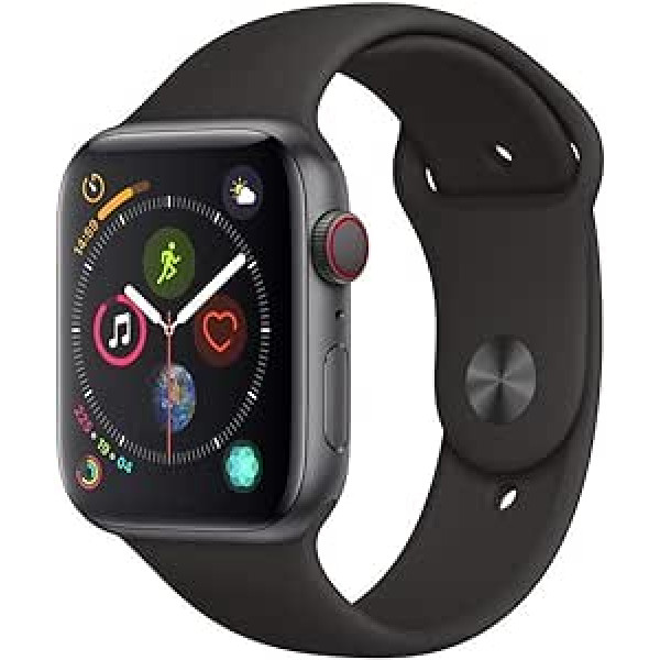 Apple Watch Series 4 44 mm (GPS + Cellular) — alumīnija korpuss, kosmosa pelēka, melna sporta siksniņa (atjaunota)