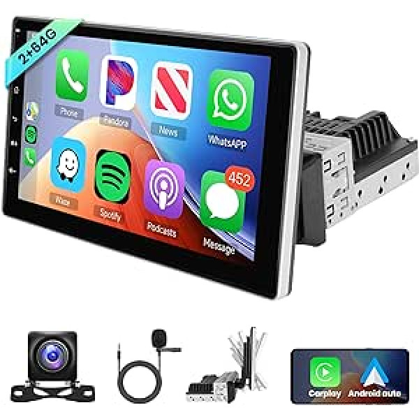 2G + 64G bezvadu Apple Carplay Android Car Radio 1 DIN ar Android automašīnas GPS navigāciju WiFi 9 collu skārienekrāna automašīnas radio ar spoguļa saiti Bluetooth FM/RDS/DAB+/OBD2/DVR stūres vadība