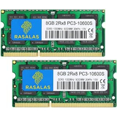 Rasalas PC3-10600 16GB komplekts (2 x 8GB) DDR3 1333MHz SODIMM 2Rx8 Dual Rank 1,5V CL9 204-Pin Non-ECC Nebuferēta piezīmjdatora klēpjdatora atmiņa