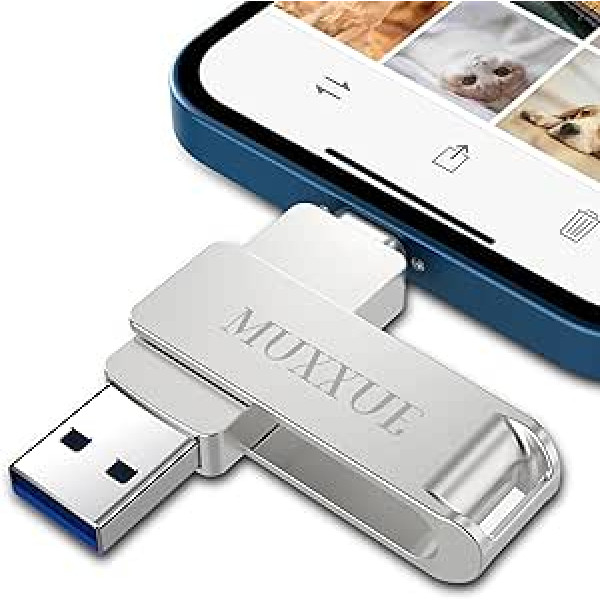 MUXXUE USB Stick iPhone 256 GB, 3-in-1 iPhone USB Stick, Metal iPhone Memory Stick for iPhone, iPad, OTG Android Mobile Phone, PC with iOS, USB 3.0, Type C, Photos/Videos Copied with One Click