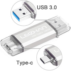 leizhan USB Stick 128GB Type C Memory Stick OTG Memory Stick 2-in-1 Flash Drive USB 3.0 Pen Drive for PC/Laptop/Notebook, and Other USB-C (128GB, Silver)