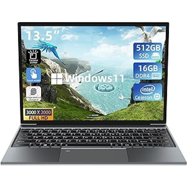 Morostron Laptop 13.5 Inch Windows 11 Touchscreen Notebook, 16 GB RAM 512 GB SSD, Celeron N5095, Full HD IPS 3000 x 2000, Backlit Keyboard, Fingerprint Recognition, Metal Housing - Grey