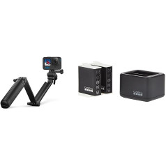 GoPro 3-Way 2.0 (statīva/rokturis/pagarinātāja svira) — oficiālais GoPro piederums, AFAEM-002, melns un divu bateriju lādētājs + 2 enduro baterijas (HERO11 Black/HERO10 Black/HERO9 Black) — oficiālais Go. Pro-Zu. Piederumi