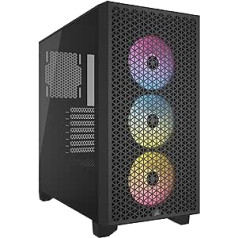 CORSAIR 3000D RGB gaisa plūsmas vidēja torņa datora korpuss - 3 x AR120 RGB ventilatori - Trīs slotu GPU atbalsts - piemērots līdz 8 x 120 mm ventilatoriem - Augstas gaisa plūsmas dizains - melns