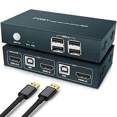 KVM slēdzis HDMI 2 ports, 4K @ 30Hz 2 datora 1 monitora slēdzis, USB 2.0 KVM slēdži ar pogu slēdzi, 2 HDMI un 2 USB kabeļi 2 datoriem, koplietojiet tastatūru, peli, printeri un vienu HD monitoru