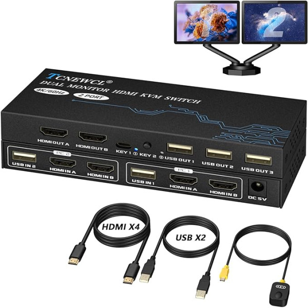 TCNEWCL HDMI KVM slēdzis 2 datori 2 monitori 4K @ 60 Hz, divu monitoru KVM slēdzis 2 ports, atbalsta HDMI 2.0, HDCP 2.2, 2 in 2 Out KVM slēdzis ar 4 HDMI kabeļiem un 2 USB kabeļiem