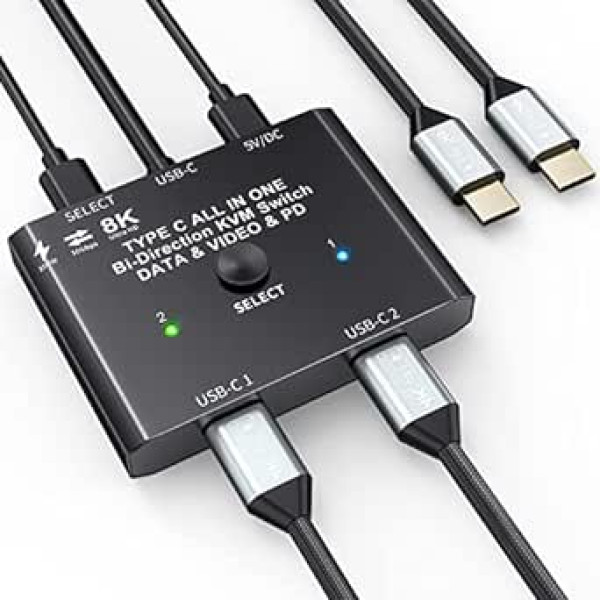 USB C slēdzis, USB tipa C KVM slēdzis 8K @ 60 Hz 4K @ 120 Hz, Divvirzienu USB C slēdzis 2 datori, atbalsta video/10 Gbps datu pārsūtīšanu/100 W uzlādi, saderīgs ar Thunderbolt ierīcēm, komplektā ar 2 USB-C