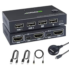 KVM slēdzis HDMI 2 portu kaste, MLEEDA HDMI un USB slēdzis ar 4 USB 2.0 pieslēgvietām 2 datoriem, kas koplieto tastatūru, peli un 1 monitoru, atbalsta 4K@30Hz, ar HDMI un USB-C kabeļiem