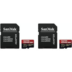 SanDisk Extreme PRO microSDHC UHS-I atmiņas karte 32 GB + adapteris un RescuePRO Deluxe (viedtālruņiem, darbības kamerām vai droniem, A1, 10. klase, V30, U3, 100 MB/s pārsūtīšana) (2 iepakojumā)