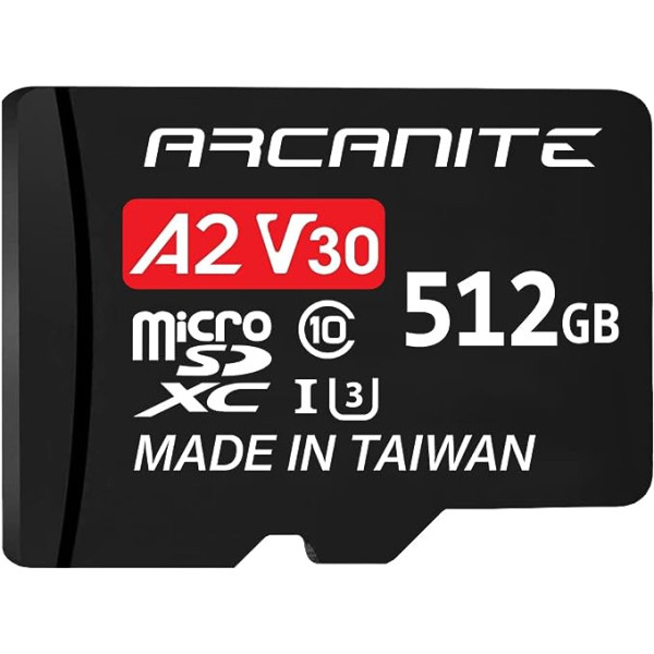 ARCANITE 512GB microSDXC Memory Card with Adapter - A2, UHS-I U3, V30, 4K, C10, Micro SD, Optimal Read Speeds up to 100MB/s