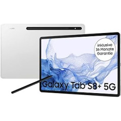 Samsung Galaxy Tab S8+, 12,4 collas, 256 GB iekšējā atmiņa, 8 GB RAM, 5G, Android planšetdators, ieskaitot S Pen, sudraba krāsa -