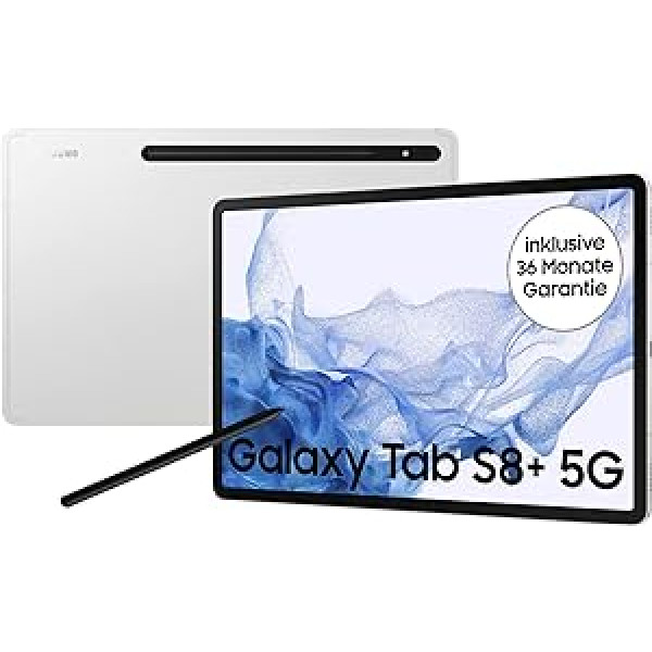 Samsung Galaxy Tab S8+, 12,4 collas, 256 GB iekšējā atmiņa, 8 GB RAM, 5G, Android planšetdators, ieskaitot S Pen, sudraba krāsa -