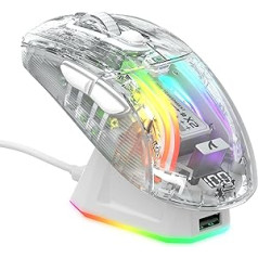 Bezvadu spēļu pele ATTACK SHARK X2 Pro ar uzlādes staciju, klusā trīsrežīmu pele (BT5.0/2.4G Wireless/C tips), 4000 DPI RGB Bluetooth pele, uzlādējama, caurspīdīgs apvalks, PC/MAC, balta