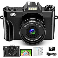 Digitālā kamera, 56MP 4K fotokamera ar 180° apgriežamu 3,0 collu ekrānu, 16X autofokusa kompakta kamera ar 32G SD karti un divām 1500 mAh baterijām bērniem Pieaugušiem Vecākiem Iesācējiem