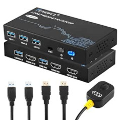 TCNEWCL 8K 60Hz HDMI KVM slēdzis 4K 120Hz 2 ports, KVM slēdzis HDMI 2.1 USB 3.0 slēdzis 2 datoriem 1 monitors, atbalsta HDR, Dolby Audio, 3D, HDCP2.3, ar tālvadības pulti, HDMI 2.1 un USB 3.0 kabeli