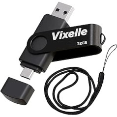 Vixelle 32GB High Speed USB 3.0 Type-C Flash Drive with Lanyard - 2-in-1 Dual USB C Memory Stick - 360° Swivel Pen Drive with Keychain Loop - 32GB USB Stick for Smartphone, Tablet & Computer - Black