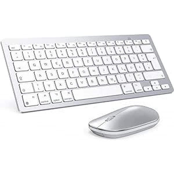 OMOTON Bluetooth tastatūras peles komplekts operētājsistēmai Mac, kompakta bezvadu tastatūra un peles kombinācija, kas saderīga ar MacBook Pro/Air, iMac, iMac Pro, Mac Mini, Mac Pro, QWERTZ DE izkārtojumu, sudraba krāsā