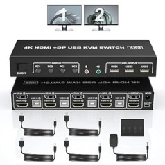 Displayport + HDMI divi monitori KVM slēdzis 4 datoriem, 4K 60Hz KVM slēdzis 4 datori 2 monitori, ar audio mikrofona izvadi un 3 USB 3.0 porti, divu monitoru KVM slēdzis HDMI DisplayPort 4 ports