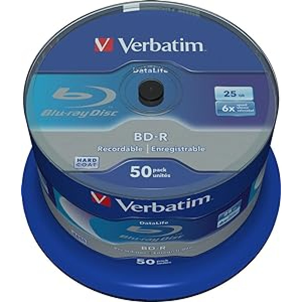 Verbatim BD-R SL Blu Ray Rohlinge, Datalife Blu Ray Disc ar 25 GB datu pārraidi, saderīgs ar Blu Ray Player un Brennern sämtlicher Hersteller, 50 er Pack Spindel