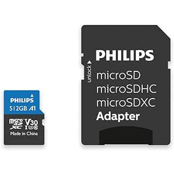 Philips SDXC Card 512GB + SD Adapter UHS-I U3 Reads up to 100MB/s A1 Fast App Performance V30 Memory Card for Smartphones, Tablet PC, Card Reader